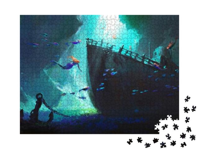 Puzzle 1000 Teile „Meerjungfrauen umgeben das gesunkene Schiff“