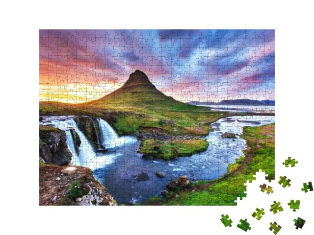 Puzzle 500 Teile „Sonnenuntergang am Berg Kirkjufell, Island“