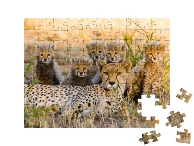 Puzzle 100 Teile „Gepardenmutter und ihre Jungtiere in der Savanne, Kenia“