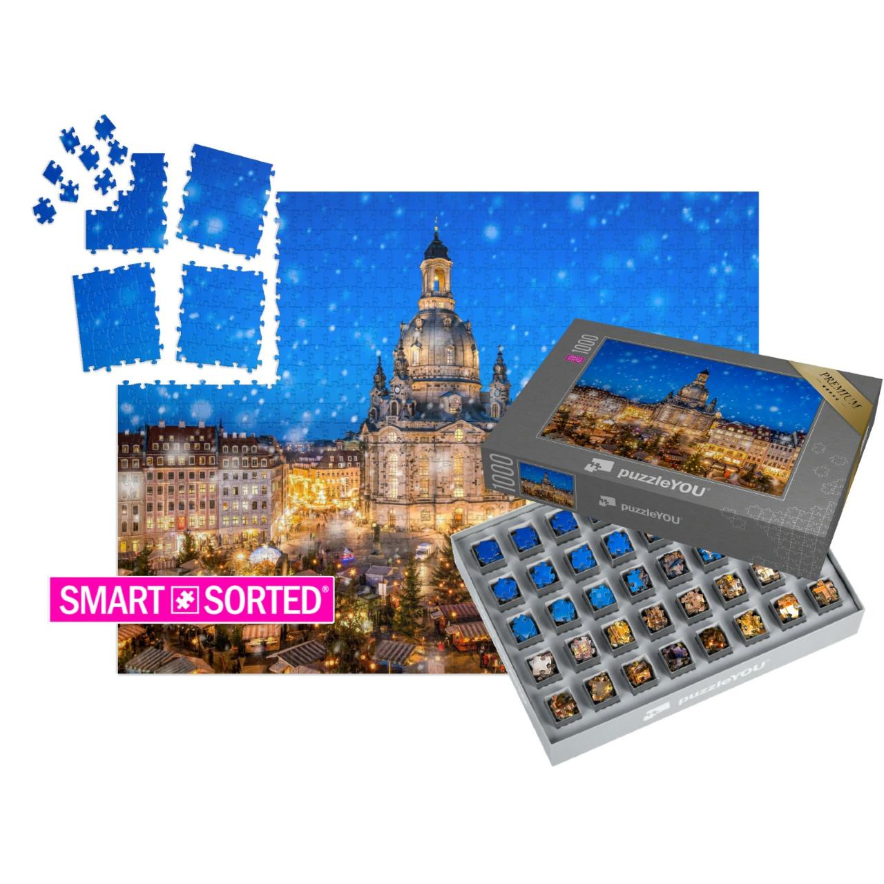SMART SORTED® | Puzzle 1000 Teile „Weihnachtsmarkt vor der Dresdner Frauenkirche auf dem Neumarkt, Sachsen“
