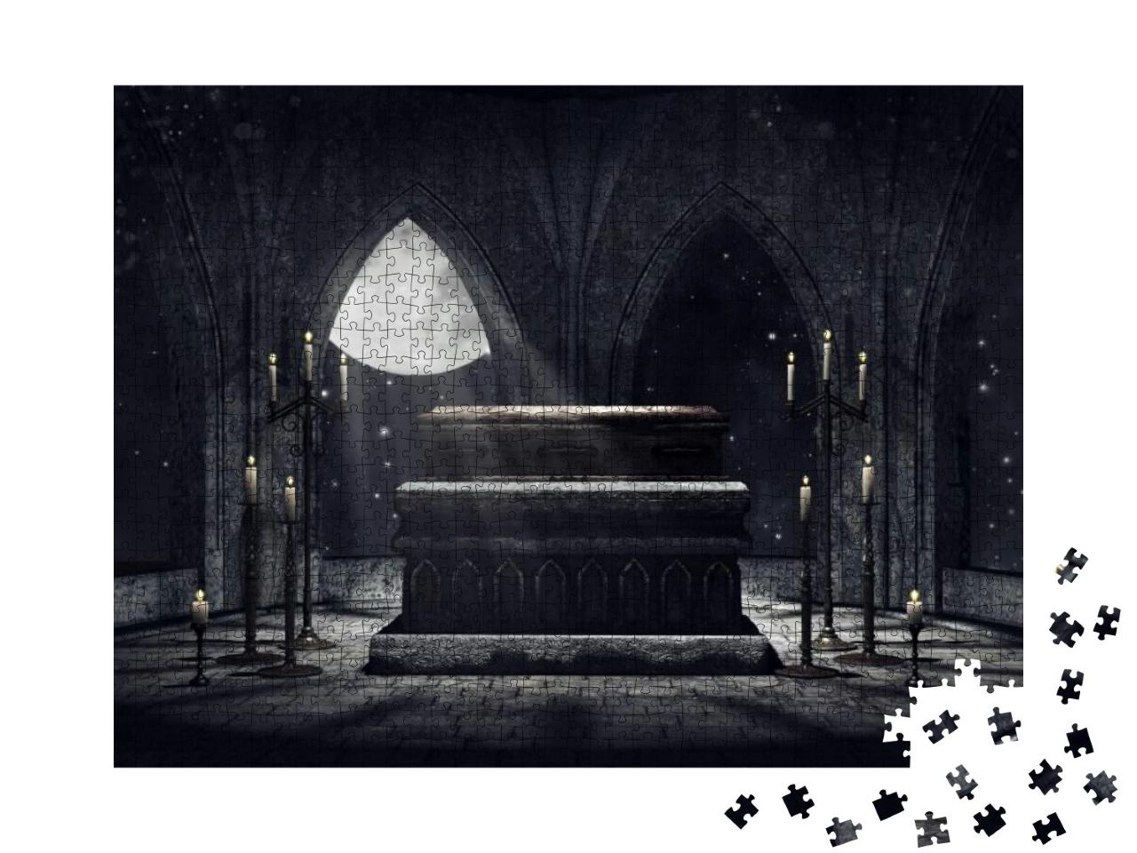 Puzzle 1000 Teile „Dunkle Vampirgruft mit Kerzen und Mondlicht“