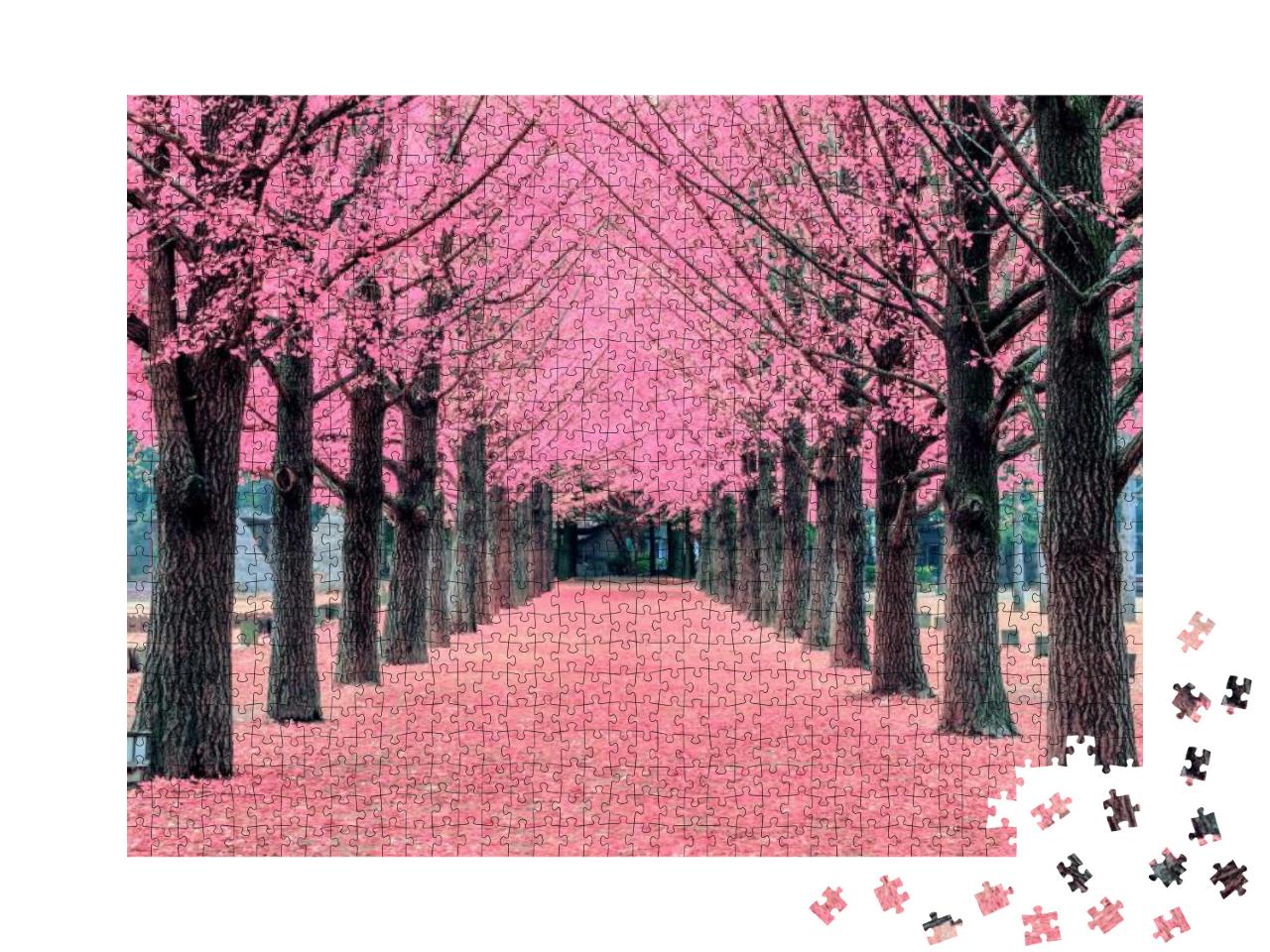 Puzzle 1000 Teile „Allee aus rosa Blüten auf der Nami-Insel, Korea“