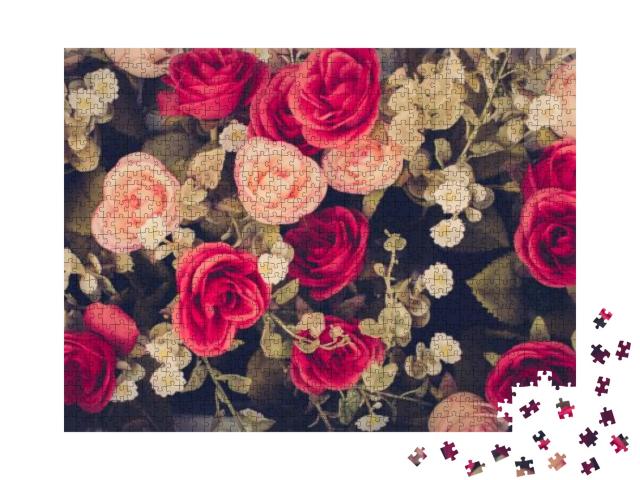 Puzzle 1000 Teile „Vintage Blumen mit Rosen in Rosa und Rot “