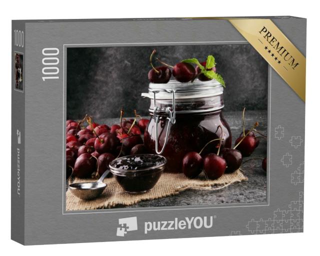 Puzzle 1000 Teile „Glas Kirschmarmelade, Sauerkirschen und Löffel“