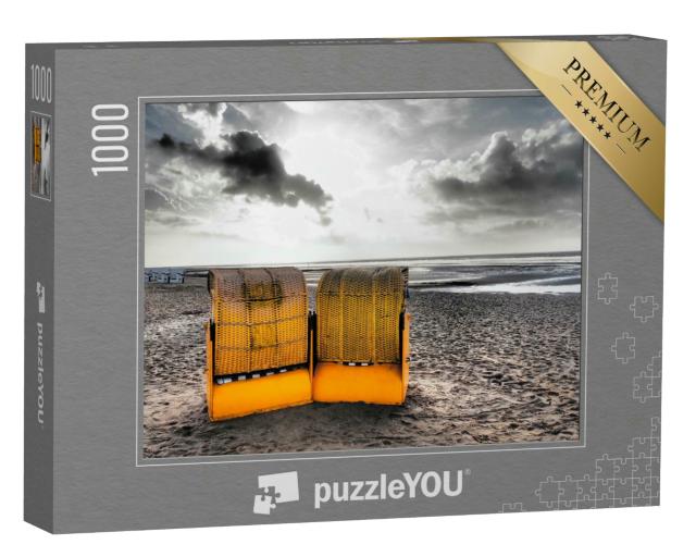 Puzzle 1000 Teile „Alte bunte Strandkörbe am Meer “