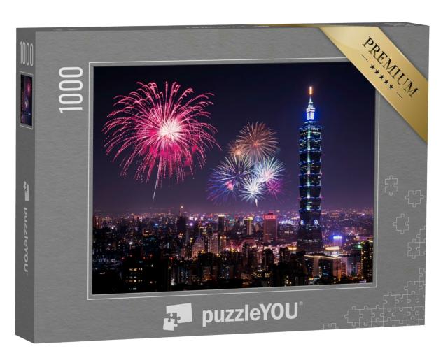 Puzzle 1000 Teile „Skyline Taipehs mit Feuerwerk“