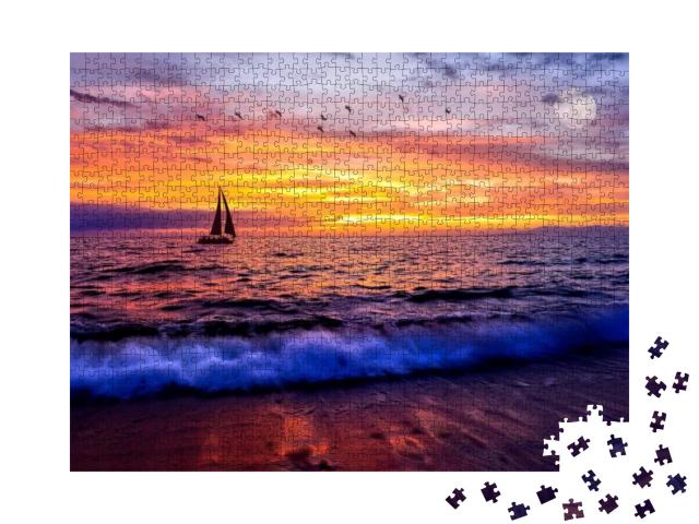 Puzzle 1000 Teile „Ruhiger und gleichzeitig intensiver Sonnenuntergang am Horizont des Ozeans“