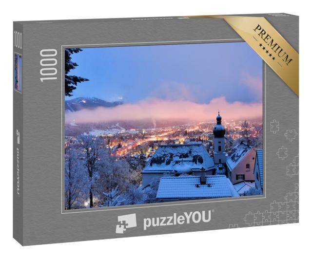 Puzzle 1000 Teile „Verschneite Winternacht Garmisch-Partenkirchen“