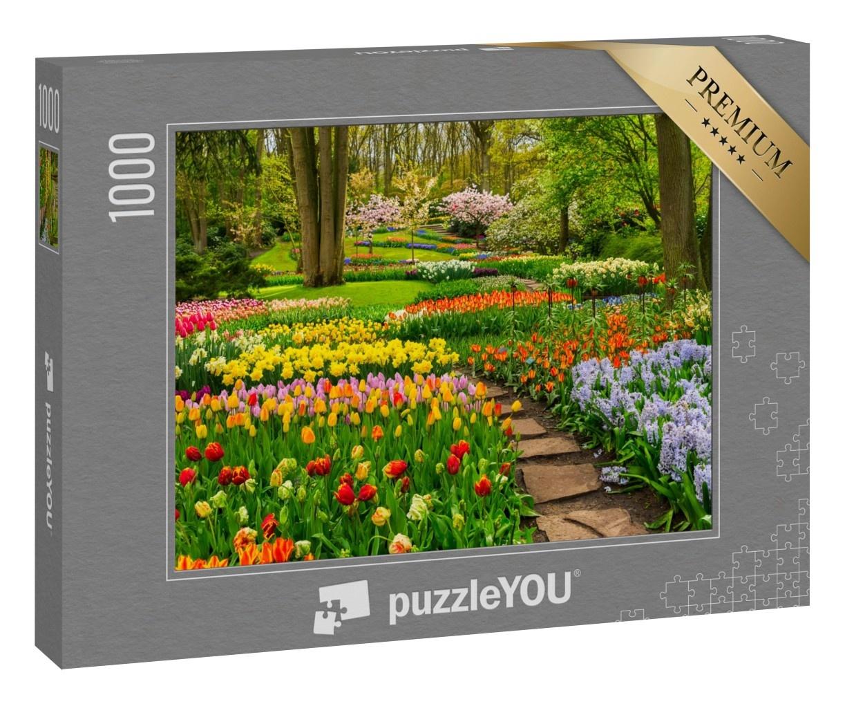Puzzle 1000 Teile „Bunter Tulpengarten unter Bäumen“