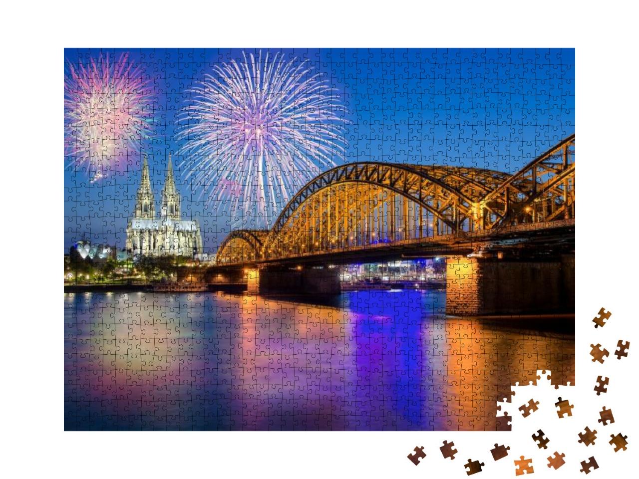 Puzzle 1000 Teile „Silvesterfeuerwerk am Kölner Dom mit Hohenzollernbrücke“
