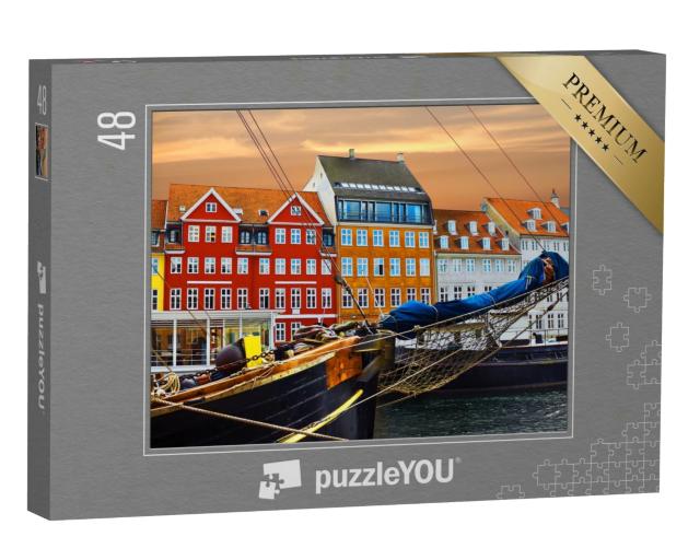 Puzzle 48 Teile „Yachten und farbige Häuser an der Strandpromenade in Nyhavn“