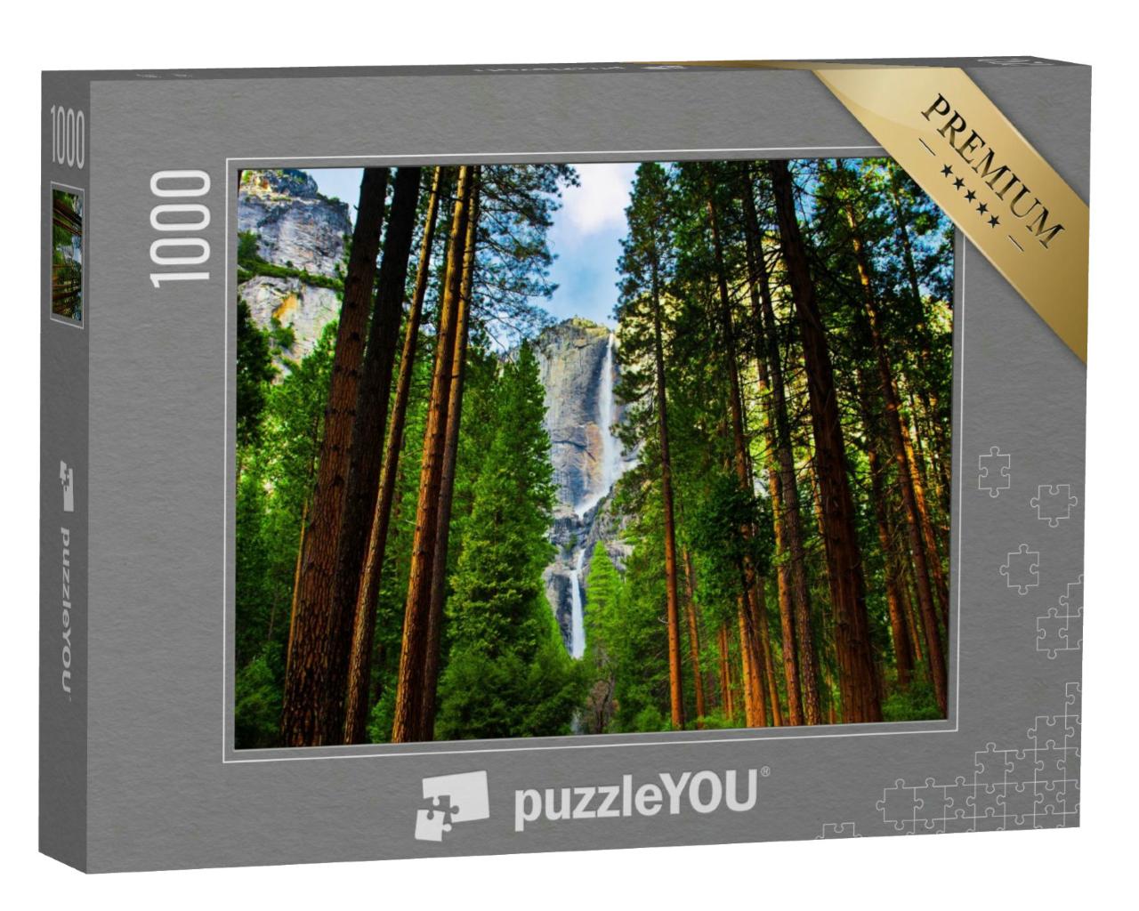 Puzzle 1000 Teile „Yosemite Wasserfälle hinter Sequoias in Yosemite National Park, Kalifornien“