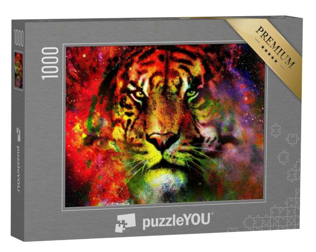 Puzzle 1000 Teile „magischer Weltraumtiger, mehrfarbige Computergrafik-Collage.“