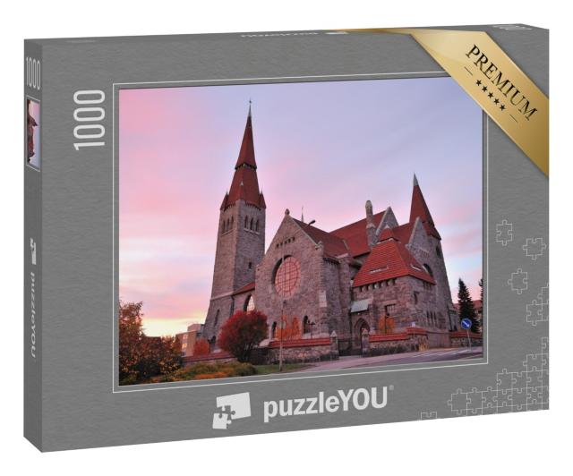 Puzzle 1000 Teile „Die Kathedrale im Stil der nationalen Romantik bei Sonnenuntergang, Tampere, Finnland“