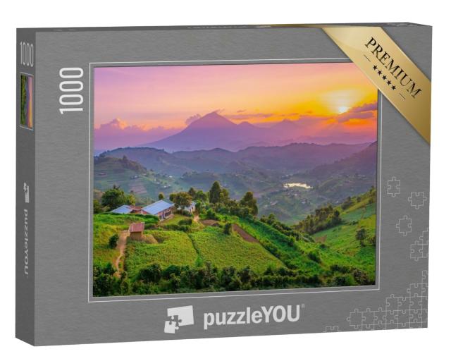 Puzzle 1000 Teile „Sonnenuntergang über den Hügeln und Wiesen in Kisoro, Uganda, Afrika“