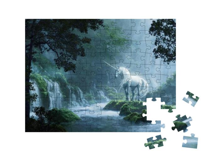 Puzzle 100 Teile „Ein schönes Einhorn in einem magischen Wald “