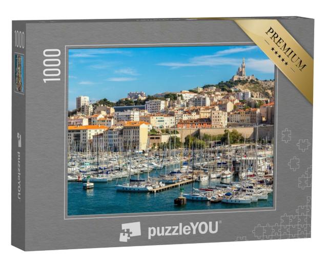 Puzzle 1000 Teile „Basilika Notre Dame de la Garde und alter Hafen in Marseille, Frankreich“