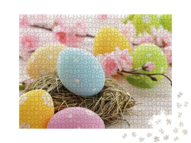 Puzzle 1000 Teile „Wunderschöne pastellfarbene Ostereier mit Punkten“