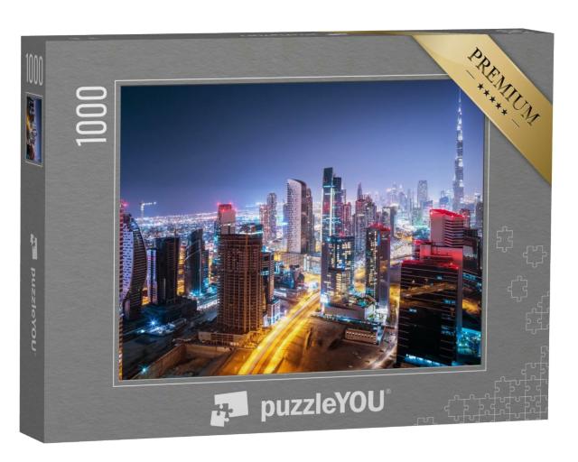 Puzzle 1000 Teile „Bei Nacht: Stadtbild von Dubai, Vereinigte Arabische Emirate“