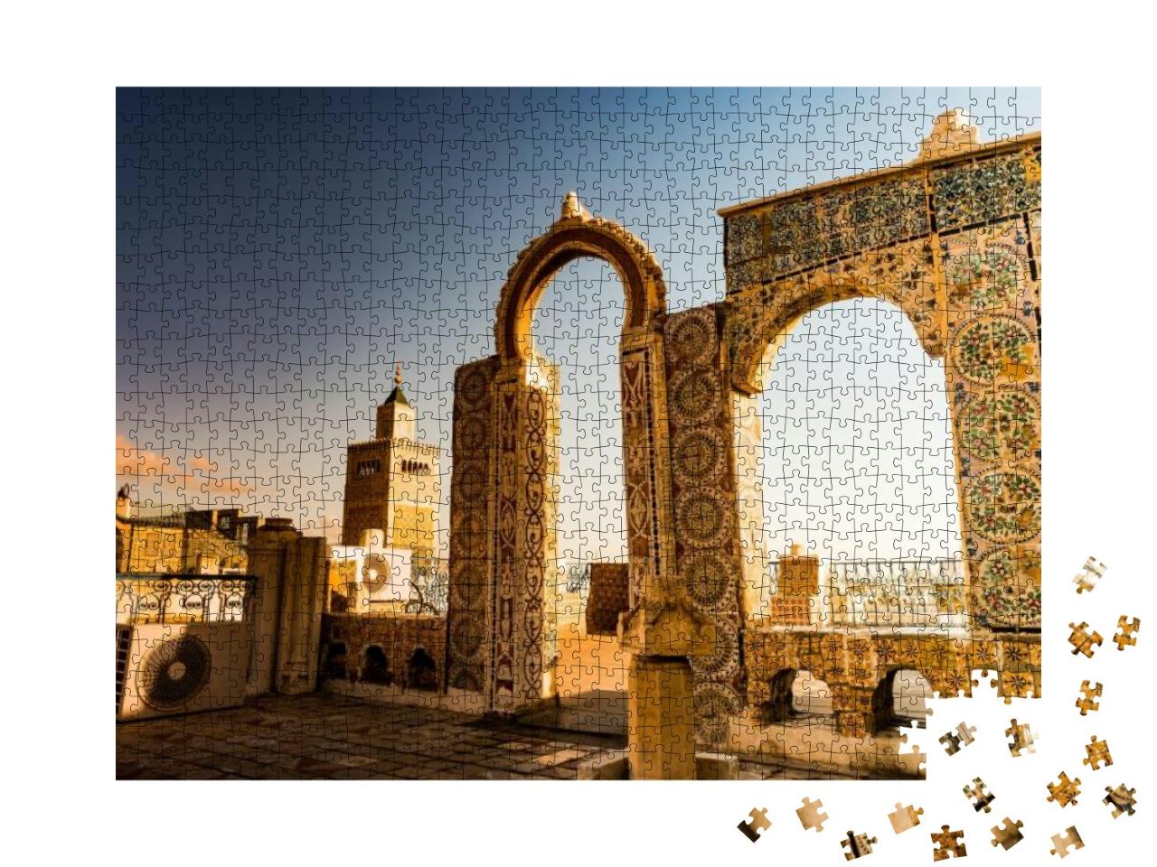 Puzzle 1000 Teile „Arabische Architektur: Stadtbild am Morgen, Tunesien, Nordafrika“