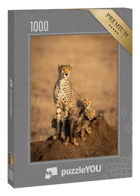Puzzle 1000 Teile „Gepardenweibchens und ihrer vier kleinen Gepardenbabys“