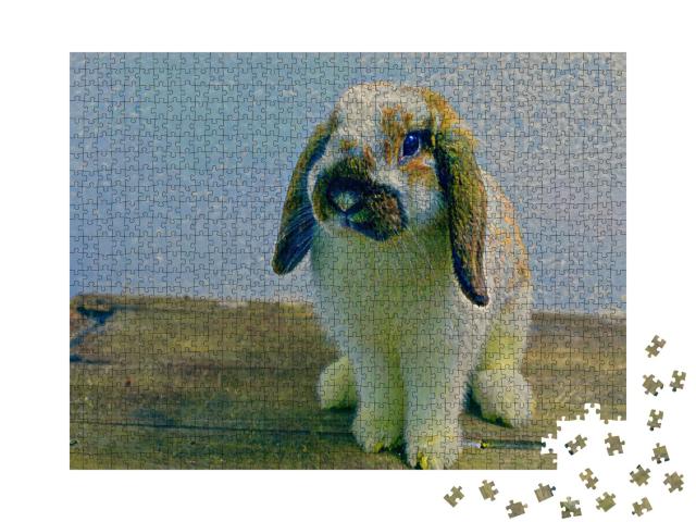 Puzzle 1000 Teile „im Kunst-Stil von Claude Monet - Hase auf Holztisch - Puzzle-Kollektion Künstler & Gemälde“