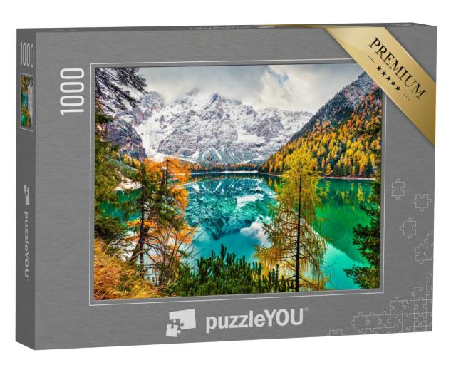Puzzle 1000 Teile „Erster Schnee am Pragser Wildsee, Dolomiten, Italien“