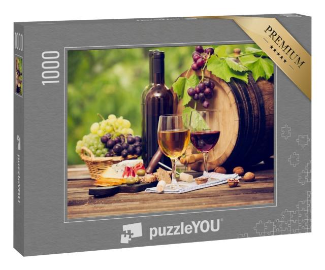 Puzzle 1000 Teile „Wein und Käse auf einem Holztisch “