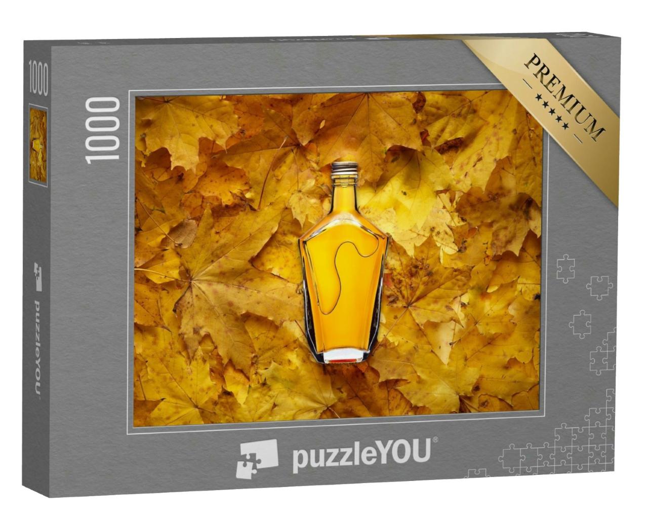 Puzzle 1000 Teile „Weinbrandflasche auf gelben Ahornblättern“