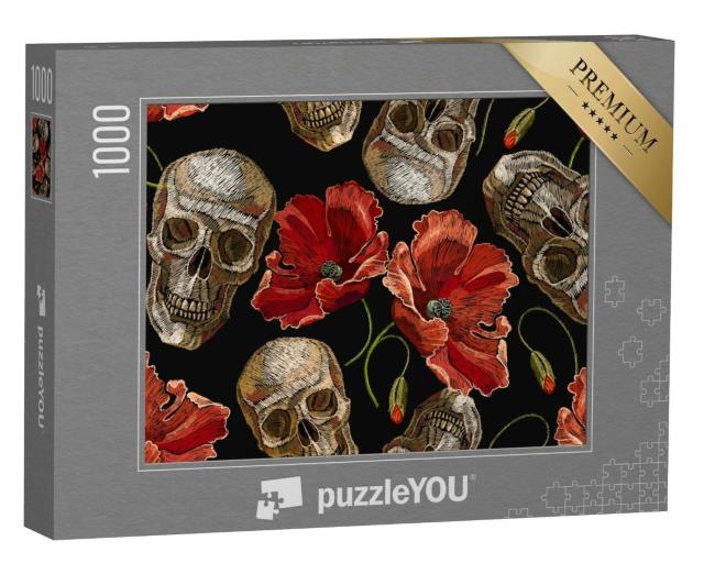 Puzzle 1000 Teile „Gothic-Motiv Stickerei menschlicher Schädel und rote Mohnblumen“