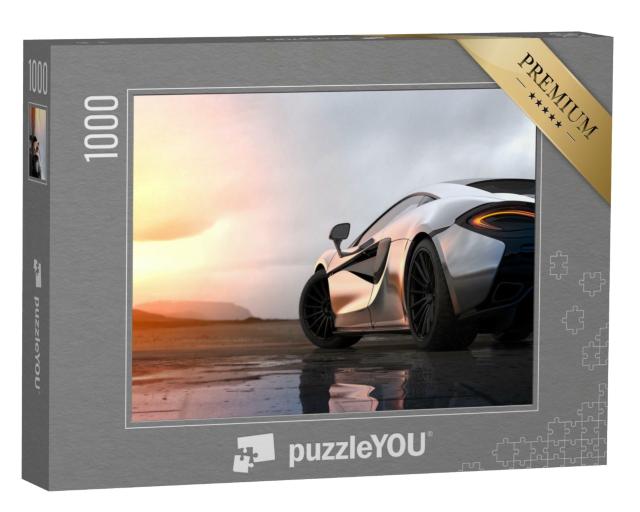 Puzzle 1000 Teile „Silberner Luxus-Sportwagen im Sonnenuntergang“