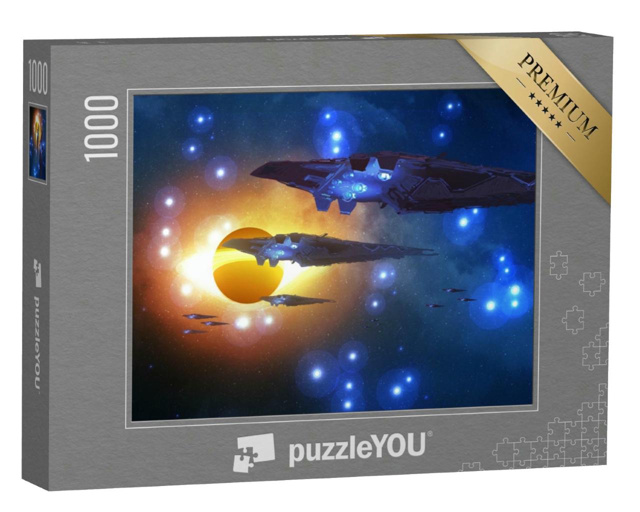 Puzzle 1000 Teile „Science-Fiction-Szenerie mit Raumschiffen im Weltraum“