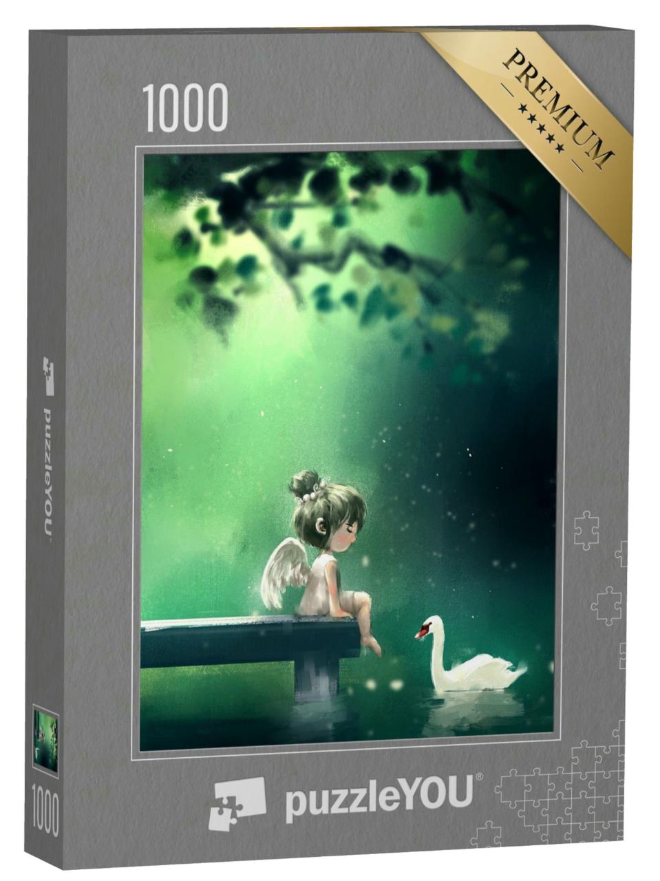 Puzzle 1000 Teile „Mädchen im Engelskleid sitzt am Teich und schaut auf die Schwäne“