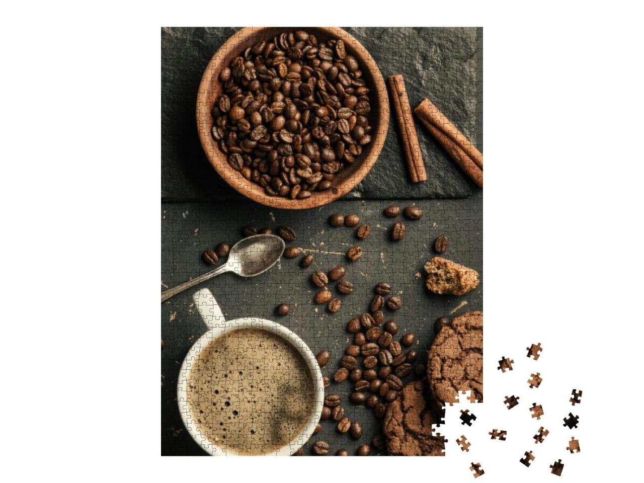 Puzzle 1000 Teile „Ensemble aus gerösteten Kaffeebohnen, Kaffee und Keksen“