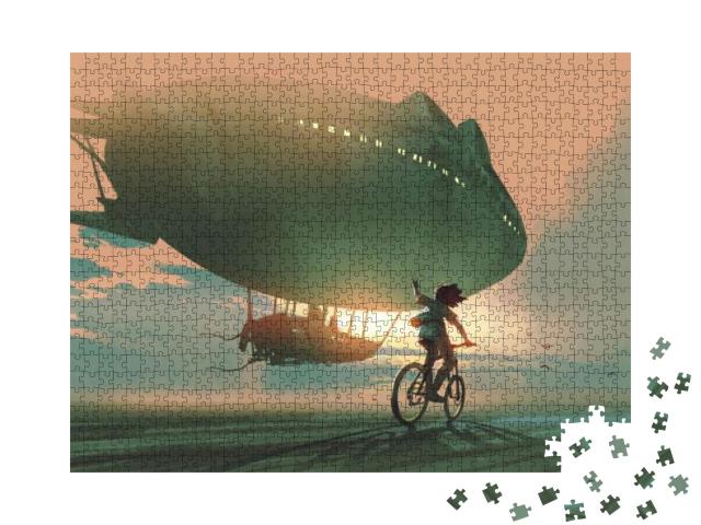 Puzzle 1000 Teile „Fahrradfahrendes Kind winkt einem Zeppelin hinterher“