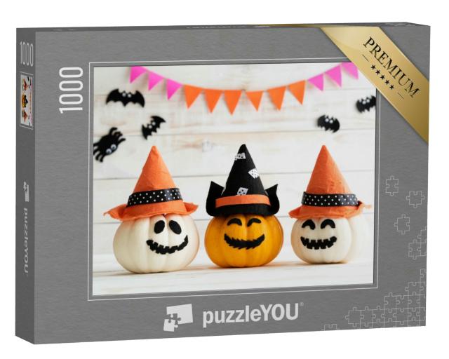 Puzzle 1000 Teile „Halloween: Kürbisse mit Hexenhut“