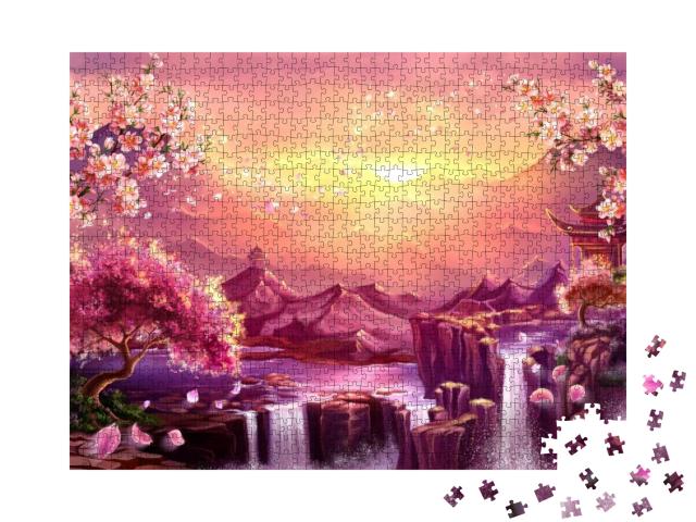 Puzzle 1000 Teile „Japanische Kirschblüte in der Dämmerung der Berge“