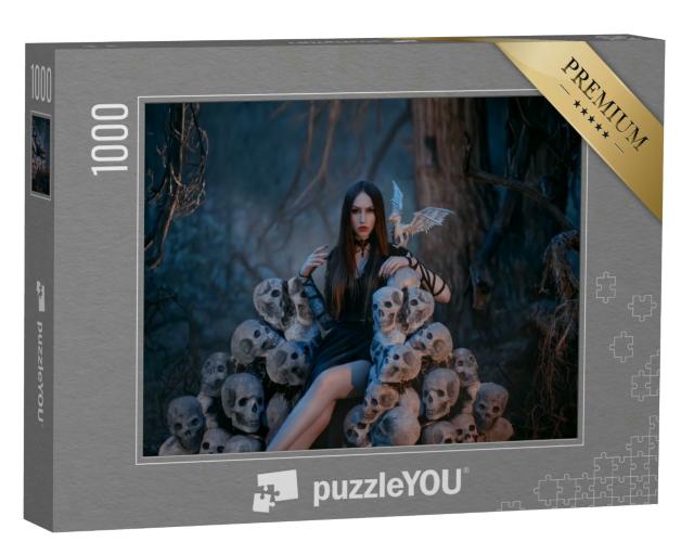 Puzzle 1000 Teile „Sexy Vampirin sitzt auf einem Thron aus Schädeln“