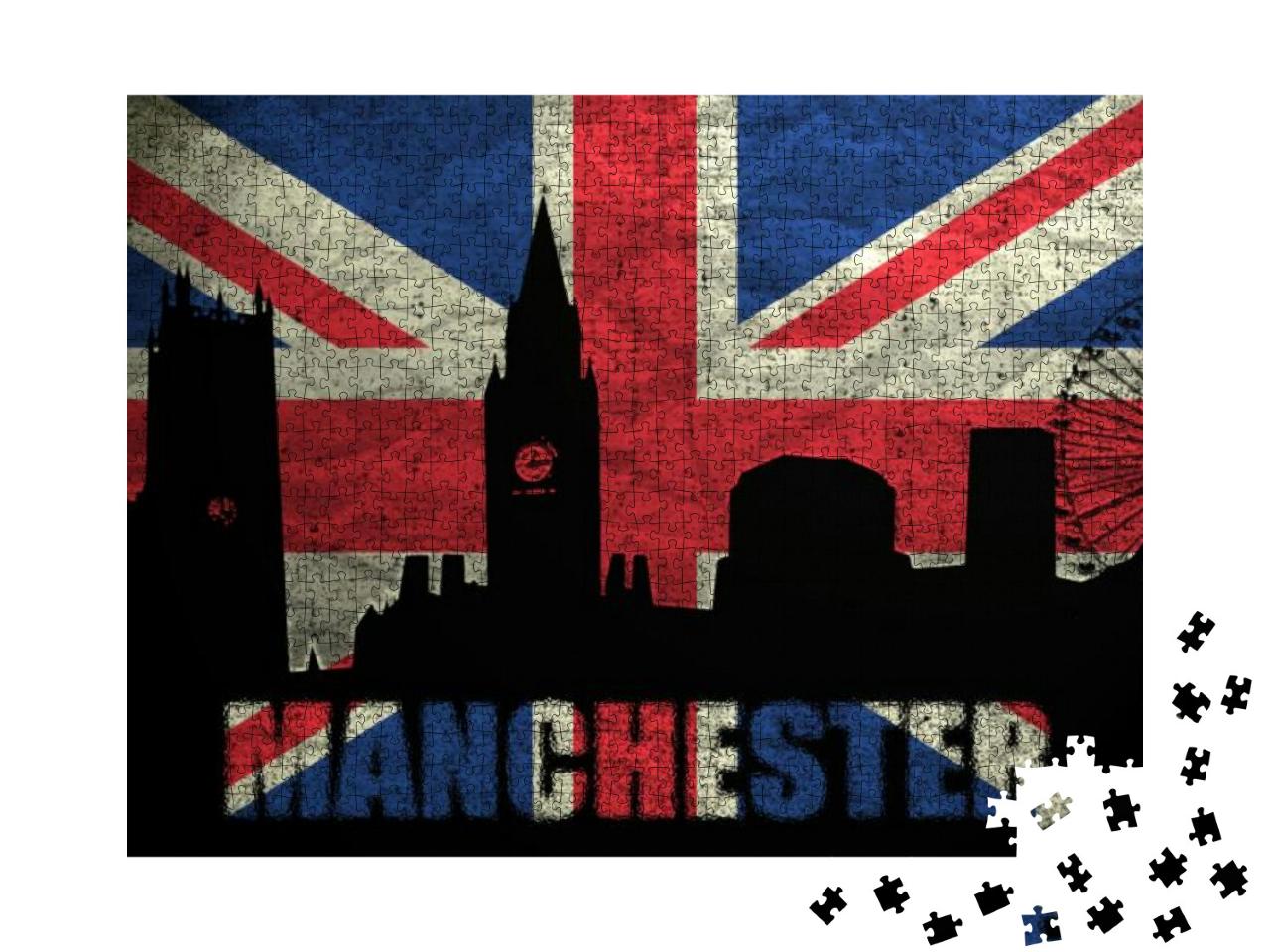 Puzzle 1000 Teile „Skyline von Manchester auf britischer Grunge-Flagge“