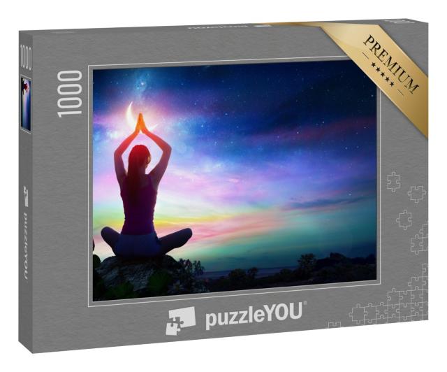 Puzzle 1000 Teile „Frau beim Yoga mit Lotusblumen und Chakra-Farbverlauf“