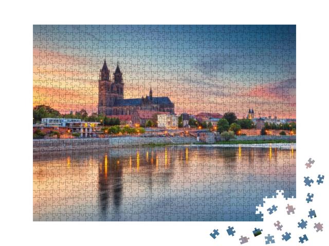 Puzzle 1000 Teile „Stadtbild von Magdeburg mit Elbe, Deutschland“