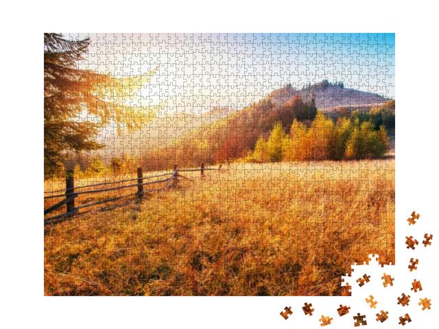 Puzzle 1000 Teile „Sonniger Herbstnachmittag über einem Birkenwald in den Hügeln der Ukraine“