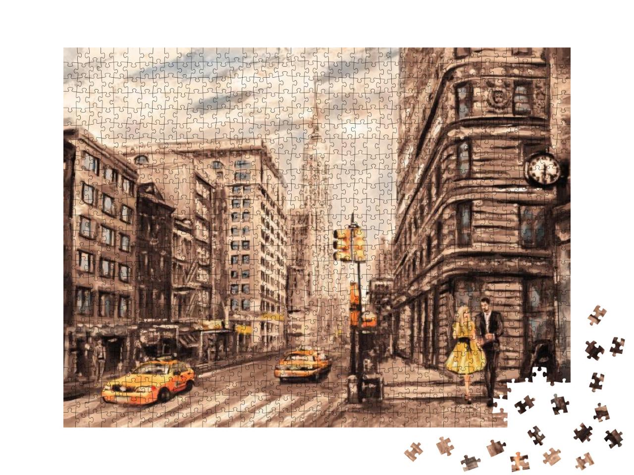 Puzzle 1000 Teile „Ölgemälde: Straßenansicht von New York“