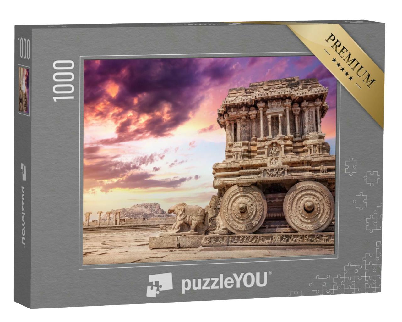 Puzzle 1000 Teile „Steinwagen am Vittala-Tempel bei Sonnenuntergang, Hampi, Indien“