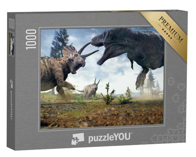 Puzzle 1000 Teile „Ein Tyrannosaurus Rex im Kampf gegen eine Triceratops-Herde“