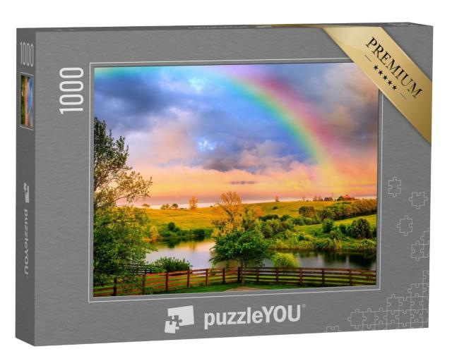 Puzzle 1000 Teile „Ruhige Landschaft nach dem Sturm mit leuchtendem Regenbogen“