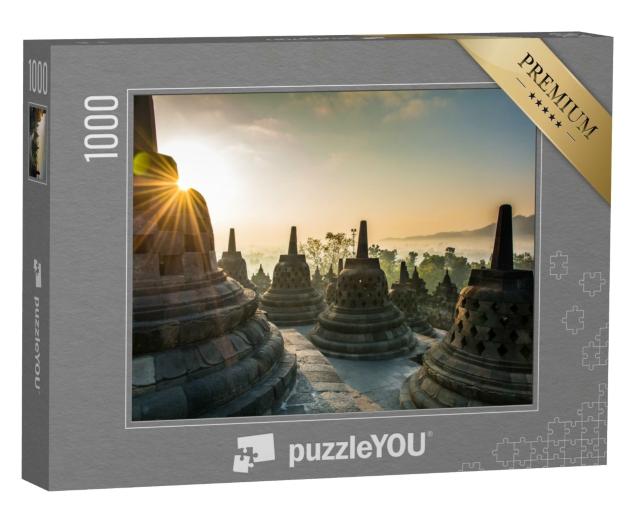 Puzzle 1000 Teile „Sonnenaufgang am buddhistischen Borobudur-Tempel, Insel Java, Indonesien“