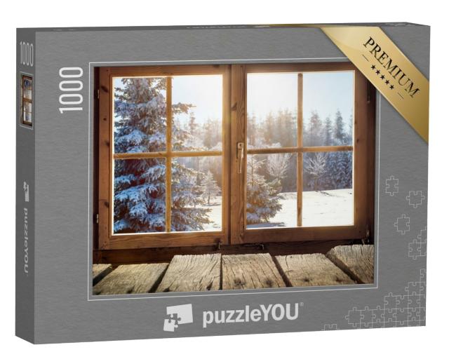 Puzzle 1000 Teile „Blick durch ein Hüttenfenster auf den verschneiten Winterwald“