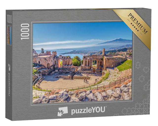 Puzzle 1000 Teile „Antikes griechisches Theater in Taormina vor dem Vulkan Ätna, Sizilien, Italien“