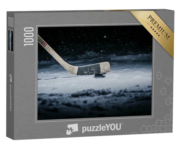 Puzzle 1000 Teile „Hockeyschläger und Puck auf der Eisbahn“